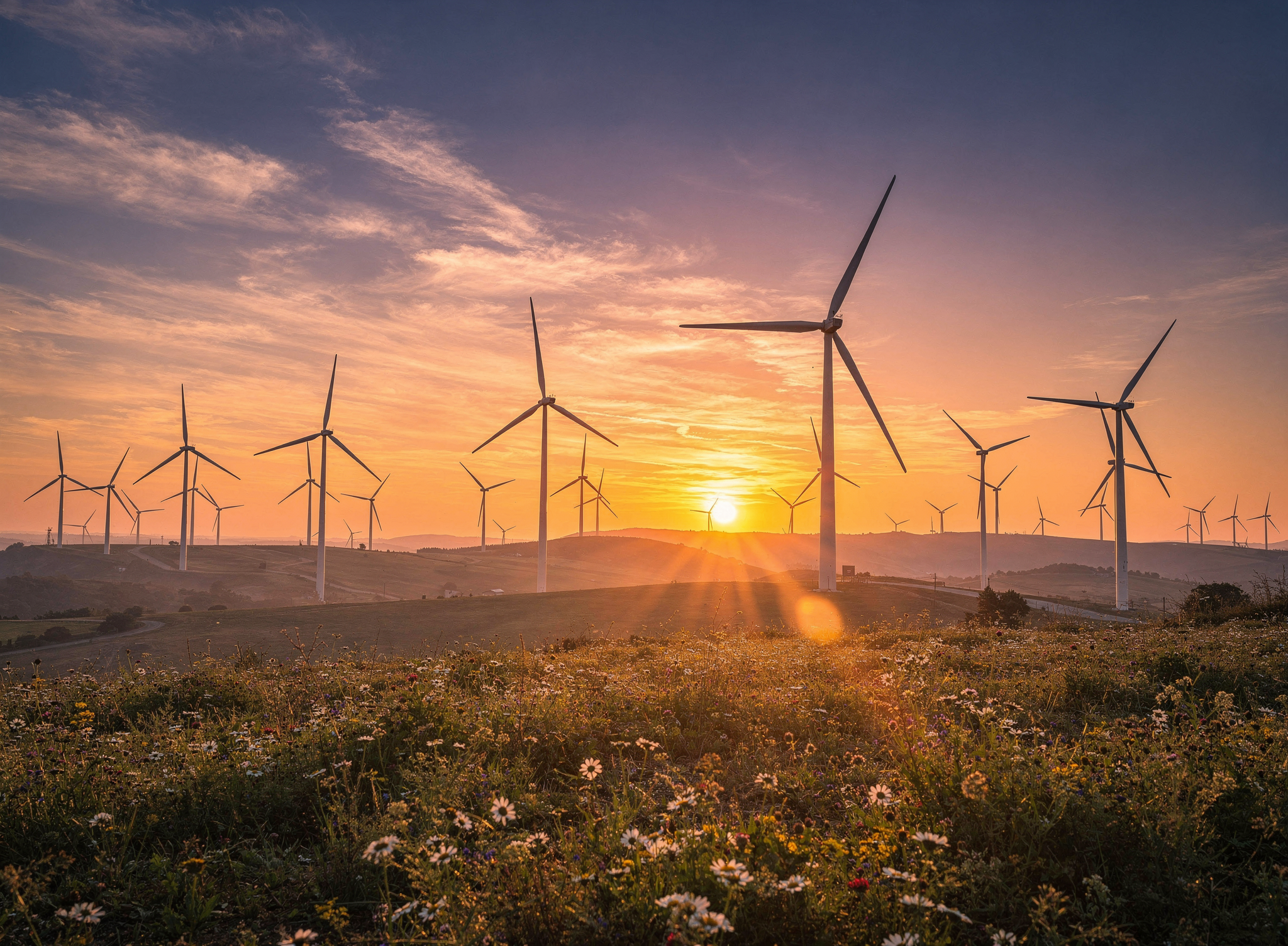 Wind and solar farm with snow-capped mountains — renewable energy consulting Canada